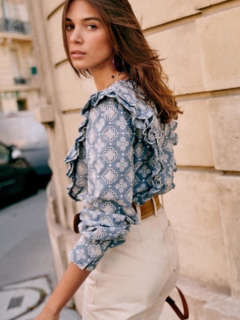 Sézane Blue Eyelet Ruffle Blouse - Women's Top